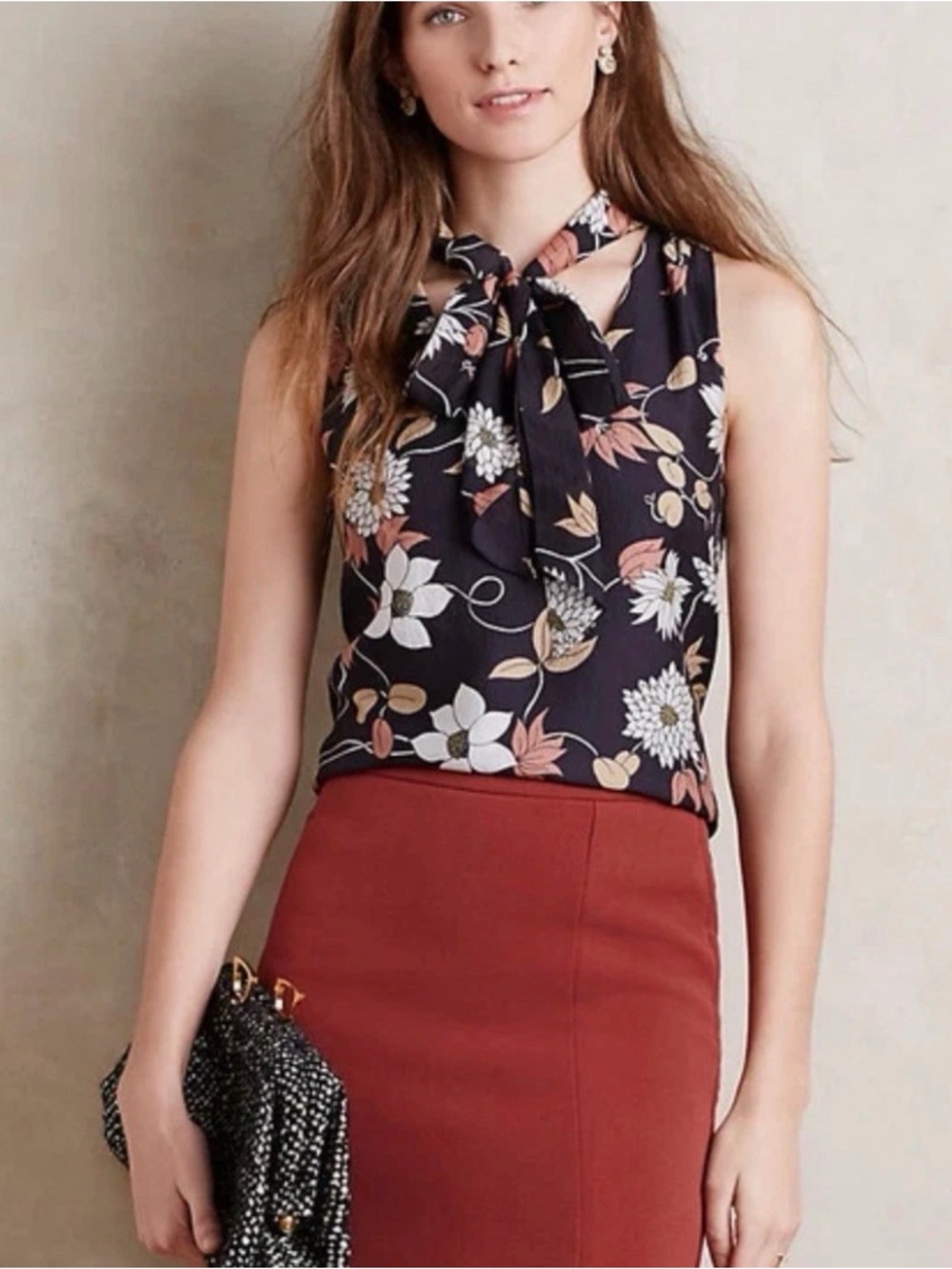Maeve Black Floral Tie-Neck Sleeveless Camisole